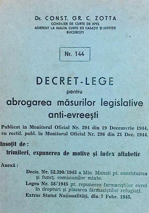 Decret-lege pentru abrogarea masurilor legislative anti-evreesti