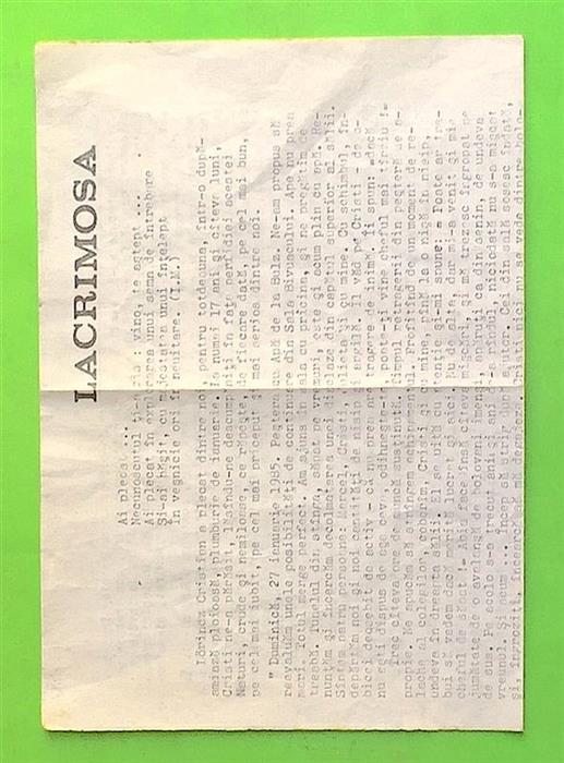 Text dactilografiat original,  publicat in revista SPEOTELEX, Cluj, 1985