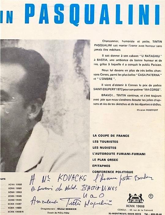 Tintin Pasqualini - disc vinil / vinyl cu dedicatie pentru legendarul antrenor de fotbal Stefan (Pisti) Kovacs